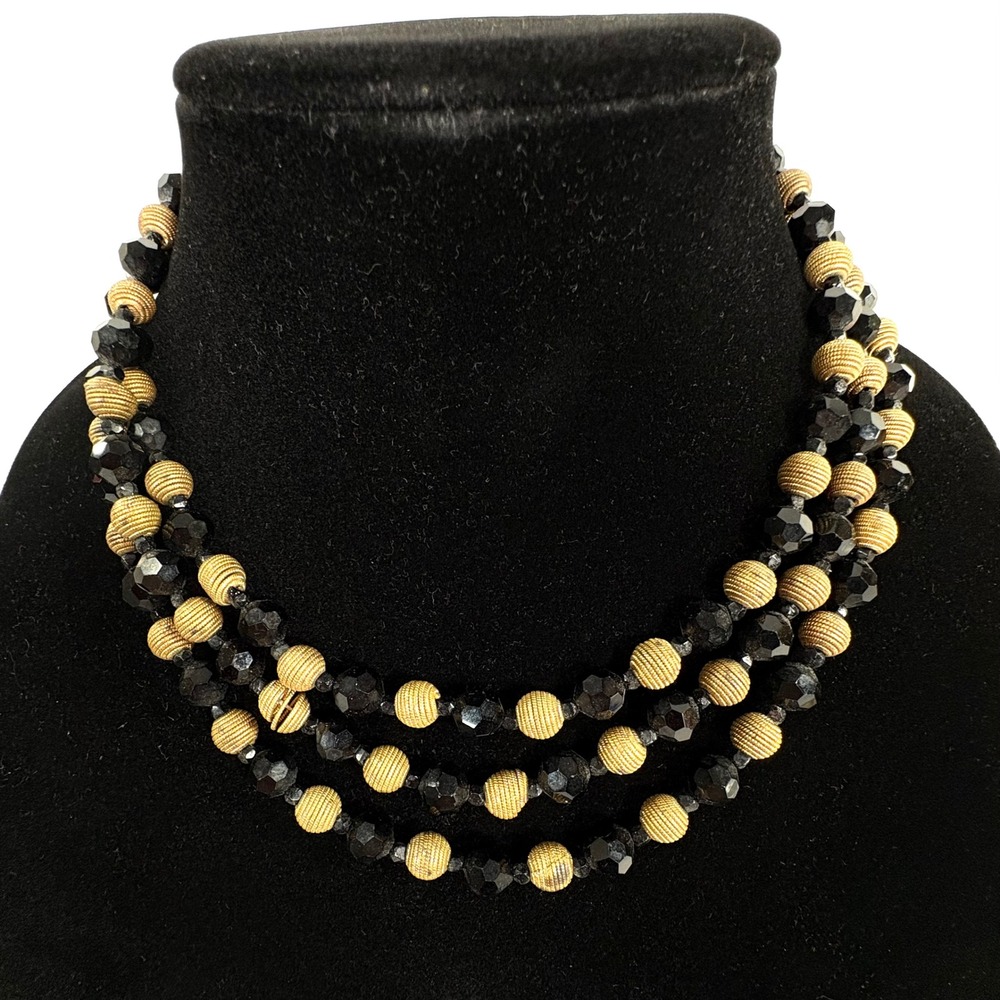 Original‎ by Robert Necklace Black Gold Triple Strand Vintage Beaded Statement